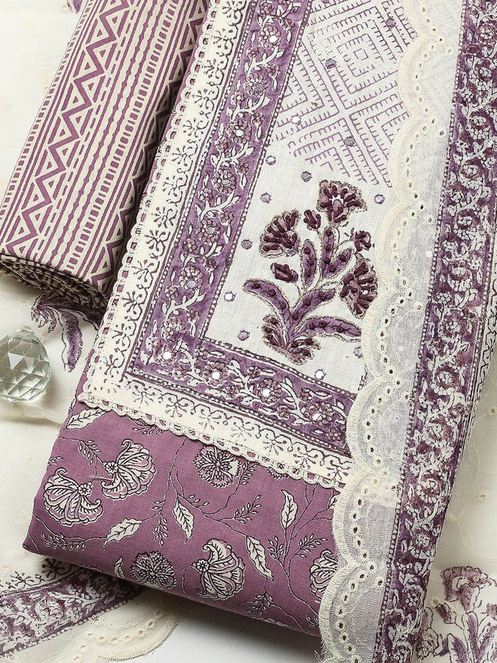 Printed Cotton Blend Unstitched Suit With Pant &amp; Dupatta