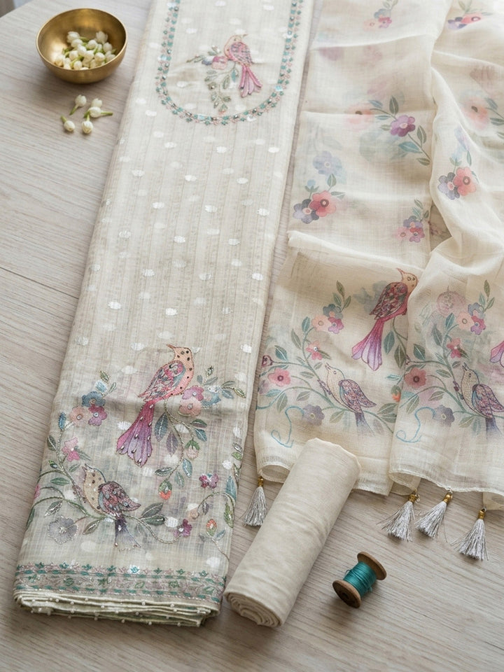 Embroidered Cotton Blend Unstitched Suit With Pant &amp; Dupatta