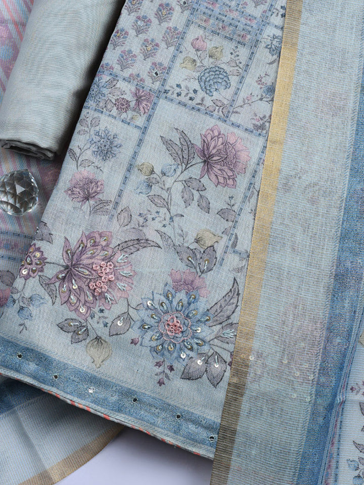 Printed Linen Blend Unstitched Suit With Pant &amp; Dupatta