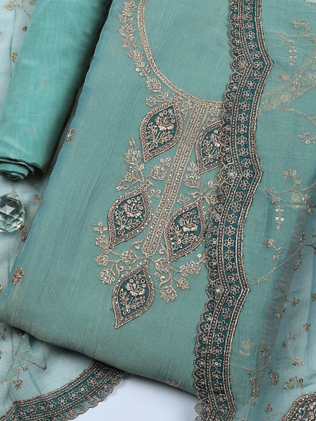Embroidered Tissue Unstitched Suit With Pant &amp; Dupatta