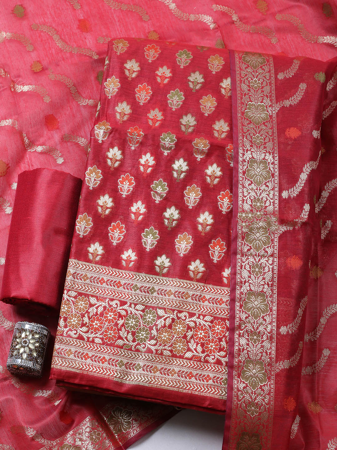 Banarasi Chanderi Unstitched Suit With Pant &amp; Dupatta