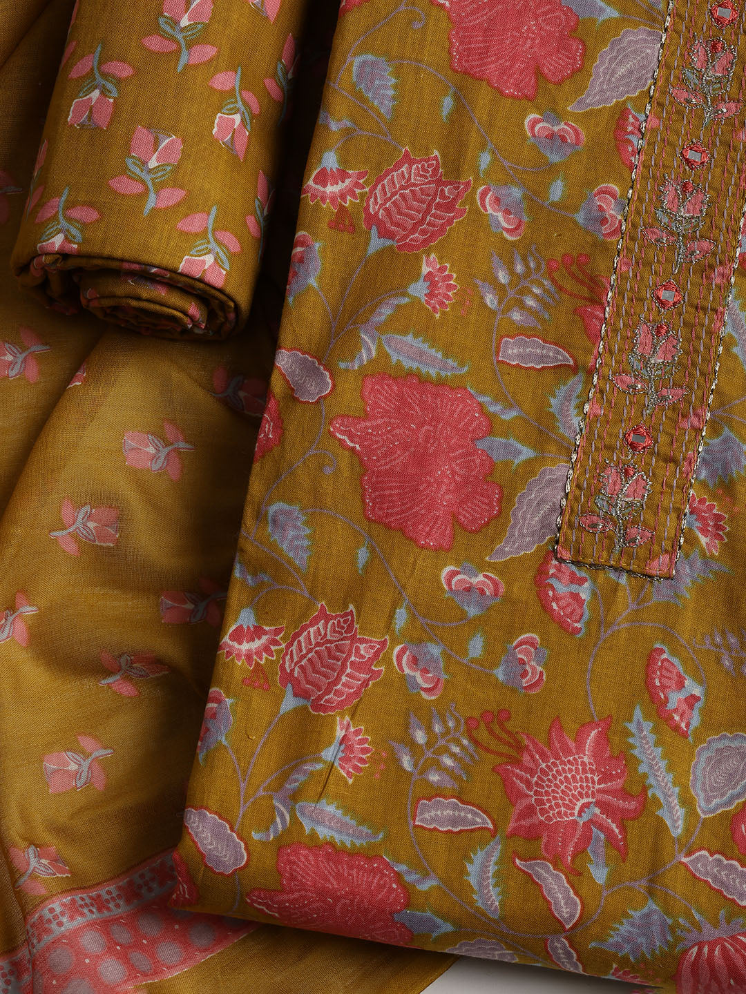 Printed Cotton Blend Unstitched Suit With Dupatta