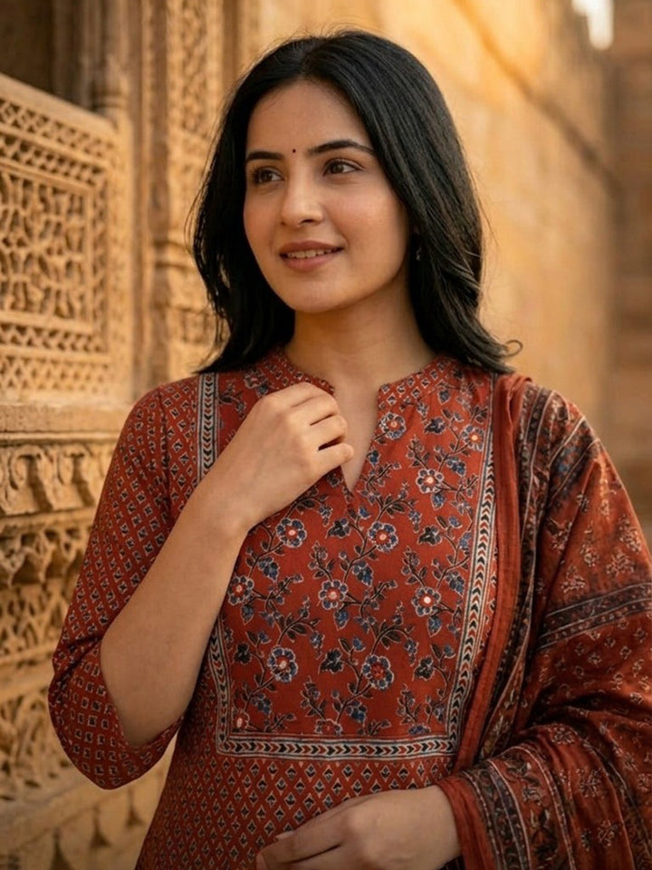 Maroon Embroidered Cotton Blend Straight Suit Set With Dupatta