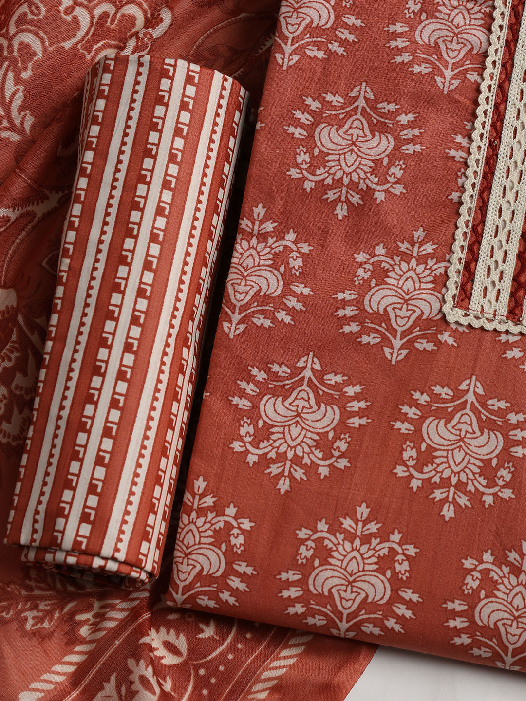 Patch Neck Cotton Blend Unstitched Suit With Dupatta