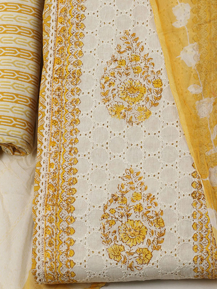 Embroidered Cotton Unstitched Suit With Pant Dupatta