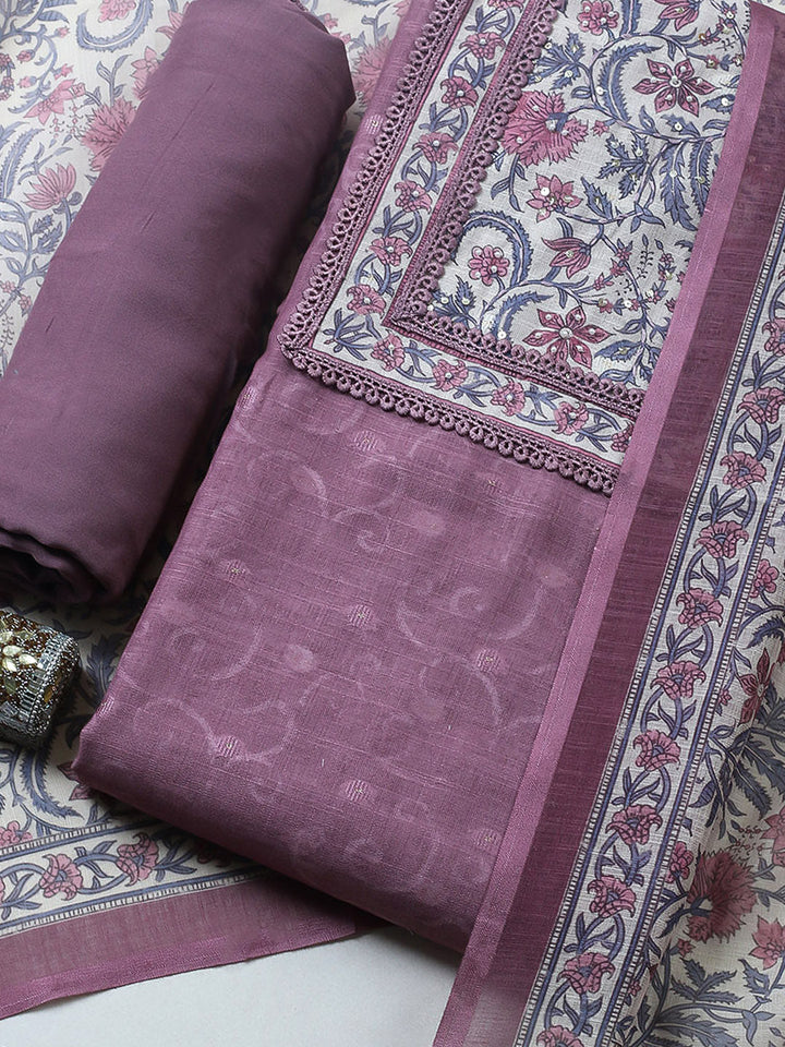 Embroidered Cotton Blend Unstitched Suit With Pant &amp; Dupatta