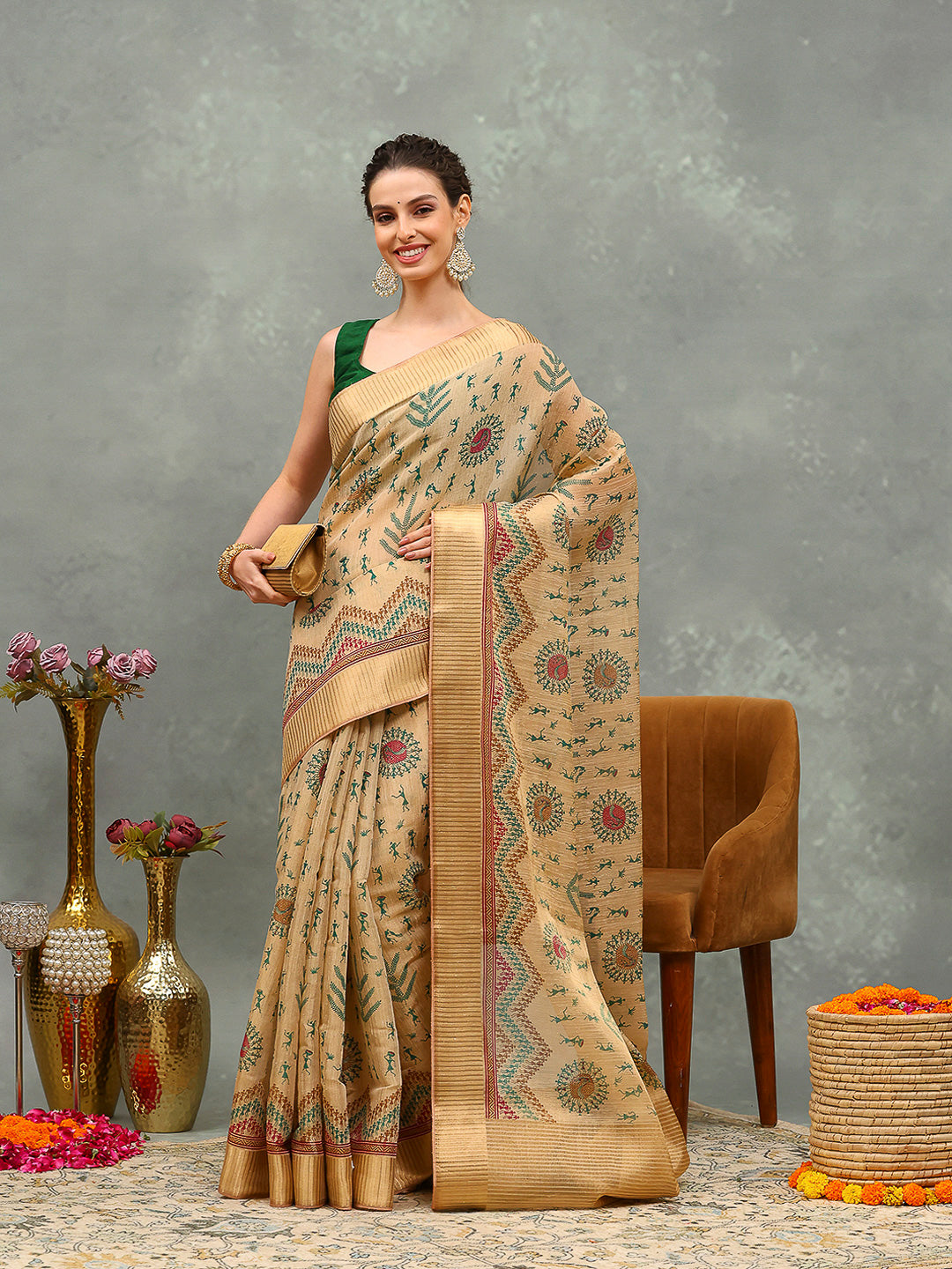 Zaari Border Cotton Blend Saree