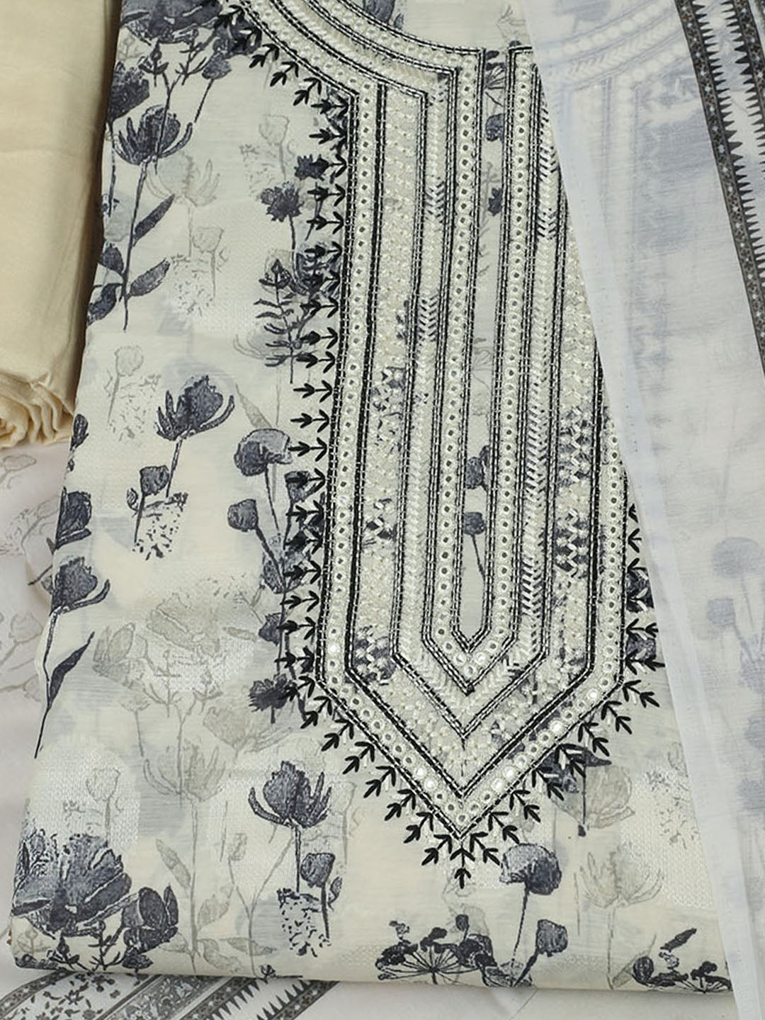 Embroidered Muslin Unstitched Suit With Pant &amp; Dupatta
