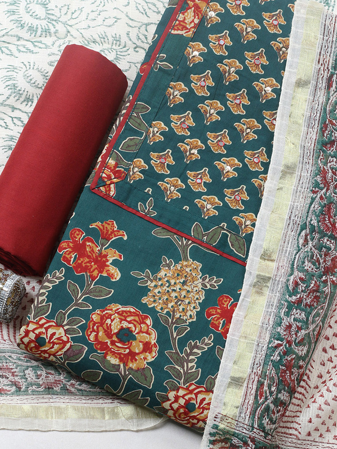 Printed Cotton Blend Unstitched Suit With Pant &amp; Dupatta