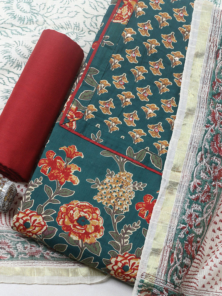 Printed Cotton Blend Unstitched Suit With Pant &amp; Dupatta
