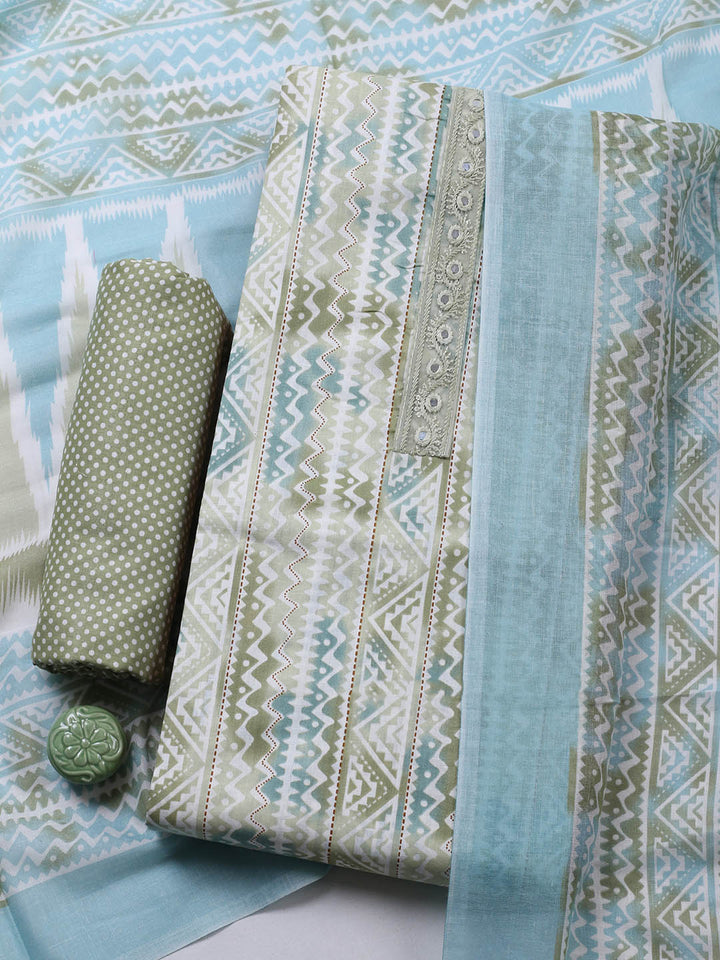 Printed Cotton Blend Unstitched Suit With Pant &amp; Dupatta