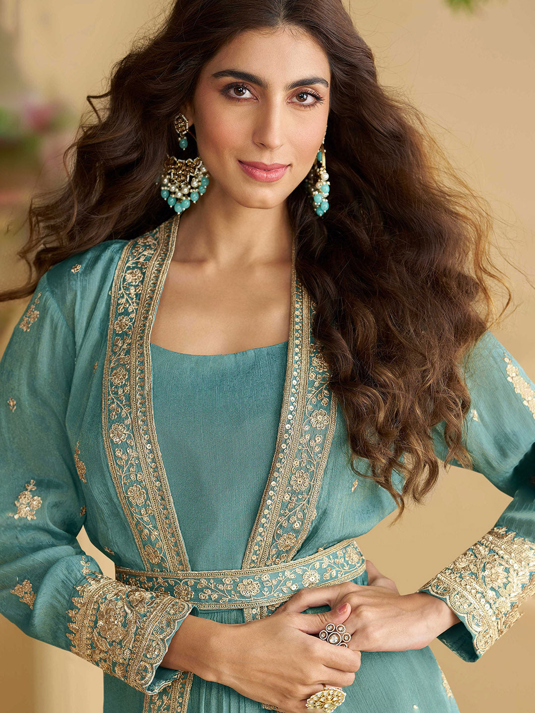 Embroidered Chinon Suit With Pant &amp; Jacket