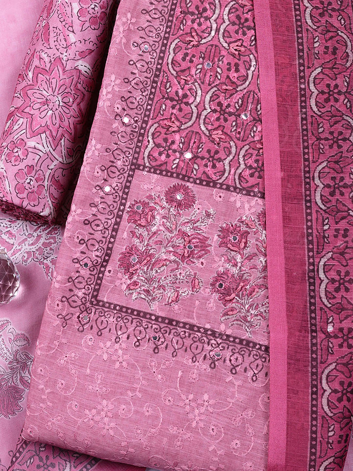 Embroidered Cotton Blend Unstitched Suit With Pant &amp; Dupatta
