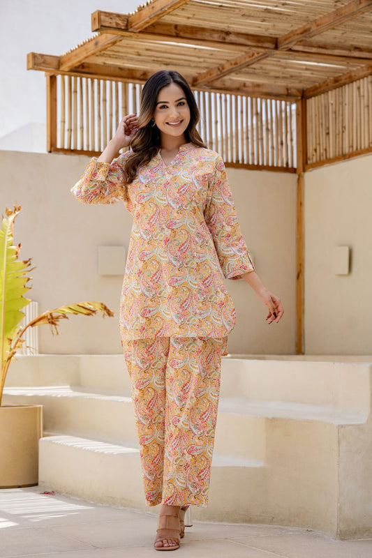 Paisley Printed Cotton Kurti With Pants