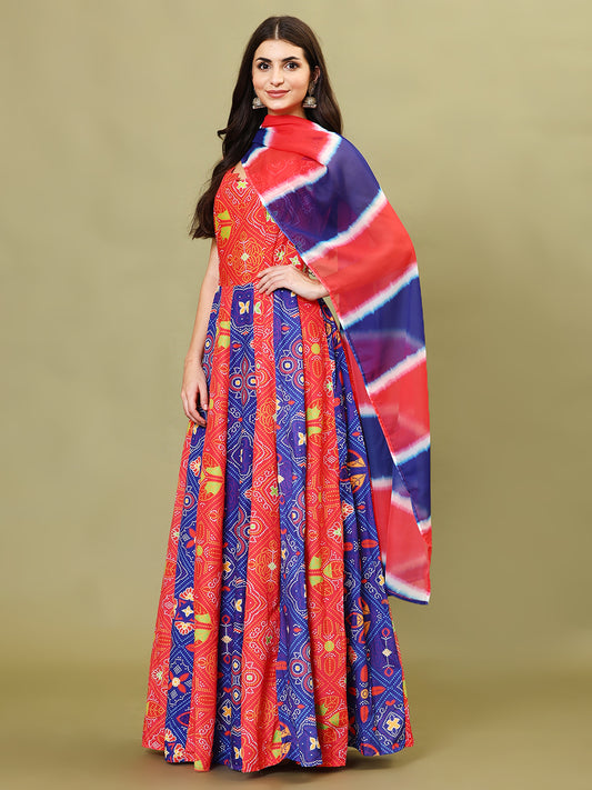 Printed Cotton Blend Anarkali Kurta With Legging & Dupatta