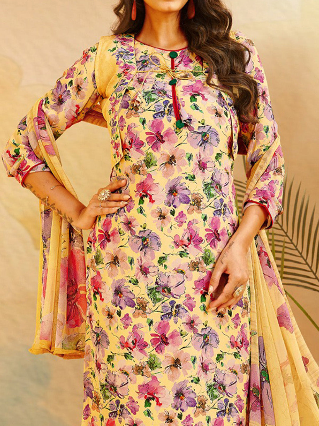 Printed Crepe Unstitched Suit With Pant &amp; Dupatta