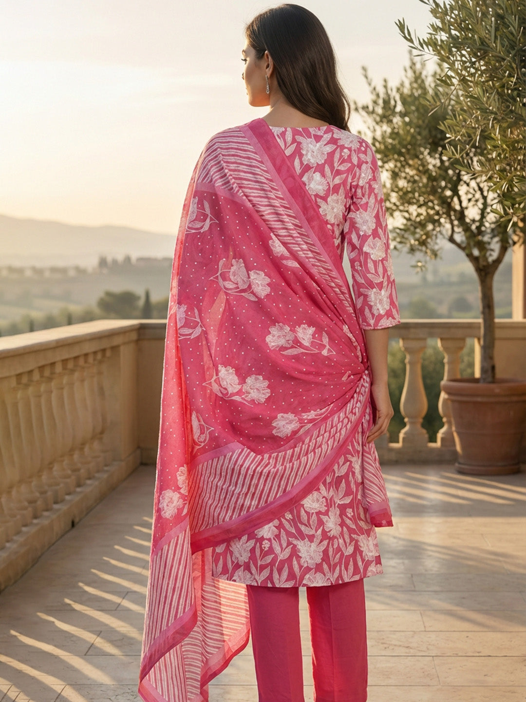 Printed Cotton Kurta With Pant &amp; Dupatta
