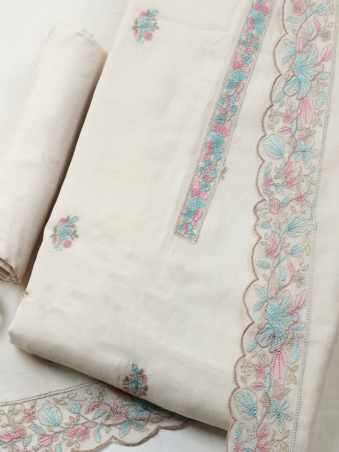 Embroidered Chanderi Unstitched Suit With Pant &amp; Dupatta