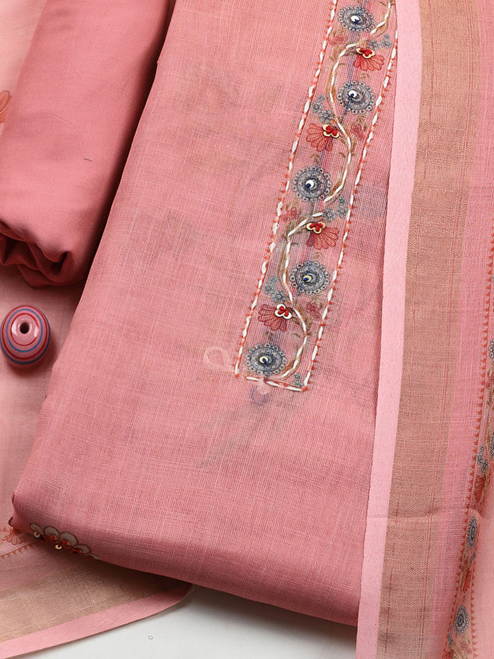 Embroidered Cotton Blend Unstitched Suit With Pant &amp; Dupatta