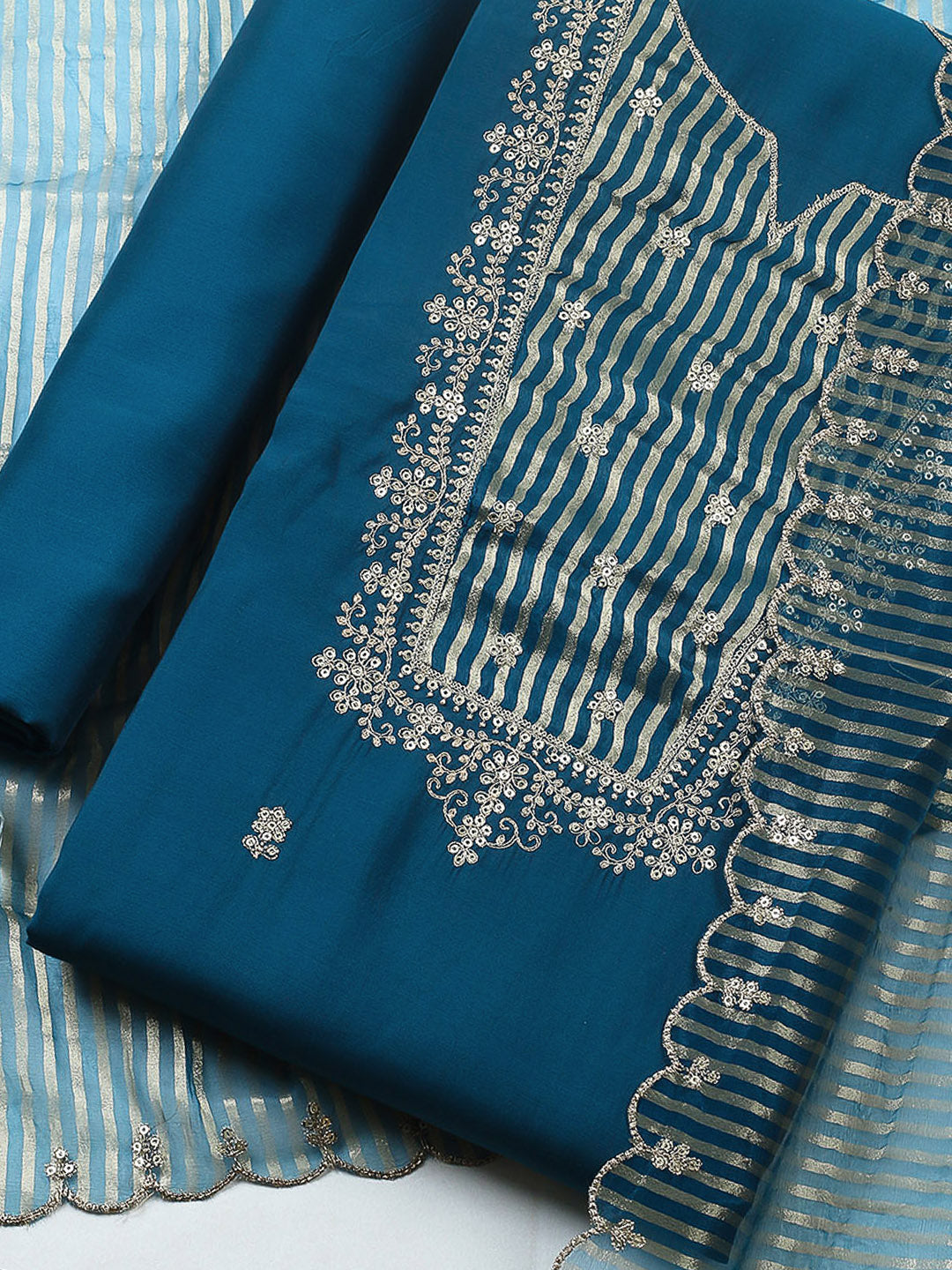 Embroidered Chanderi Unstitched Suit With Pant &amp; Dupatta