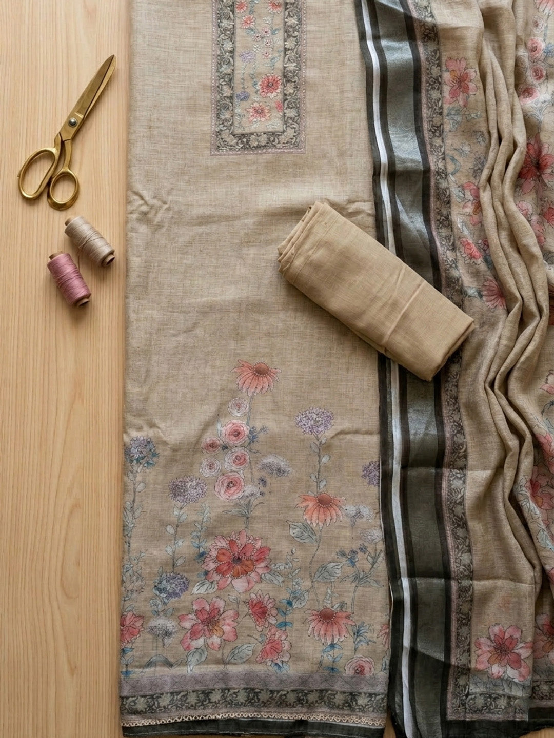 Embroidered Chanderi Unstitched Suit With Pant &amp; Dupatta