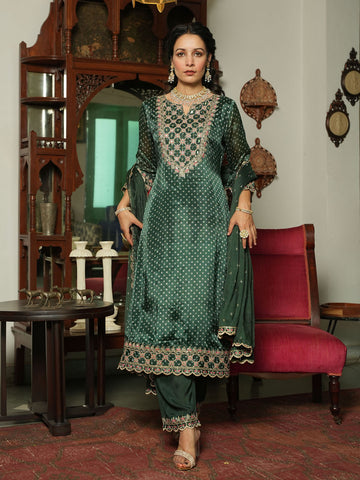 Neck Embroidered Handloom Kurta With Pants & Dupatta