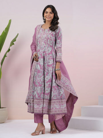 Floral Printed Cotton Blend Kurta With Pants & Dupatta