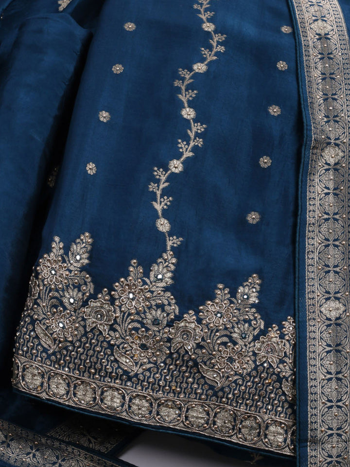 Embroidered Art Silk Unstitched Suit With Dupatta