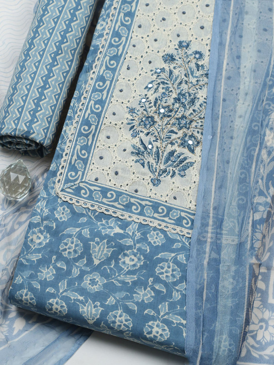 Embroidered Cotton Blend Unstitched Suit With Pant &amp; Dupatta