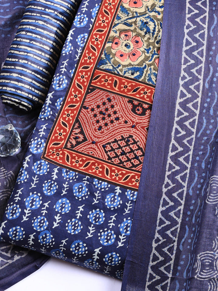 Printed Cotton Blend Unstitched Suit With Pant &amp; Dupatta