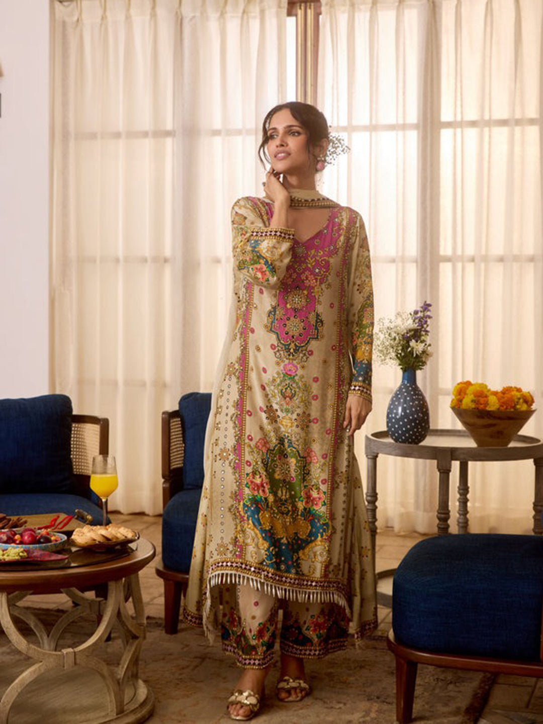 Embroidered Silk Crepe Kaftaan With Pant &amp; Dupatta