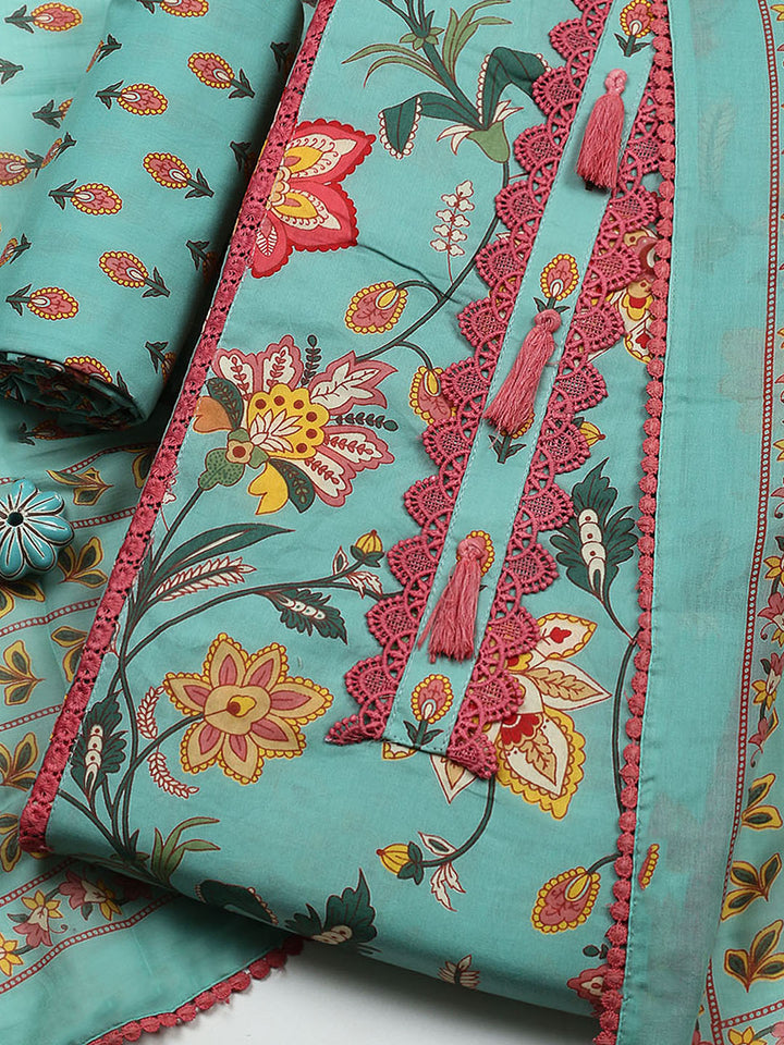 Embroidered Cotton Blend Unstitched Suit With Pant &amp; Dupatta