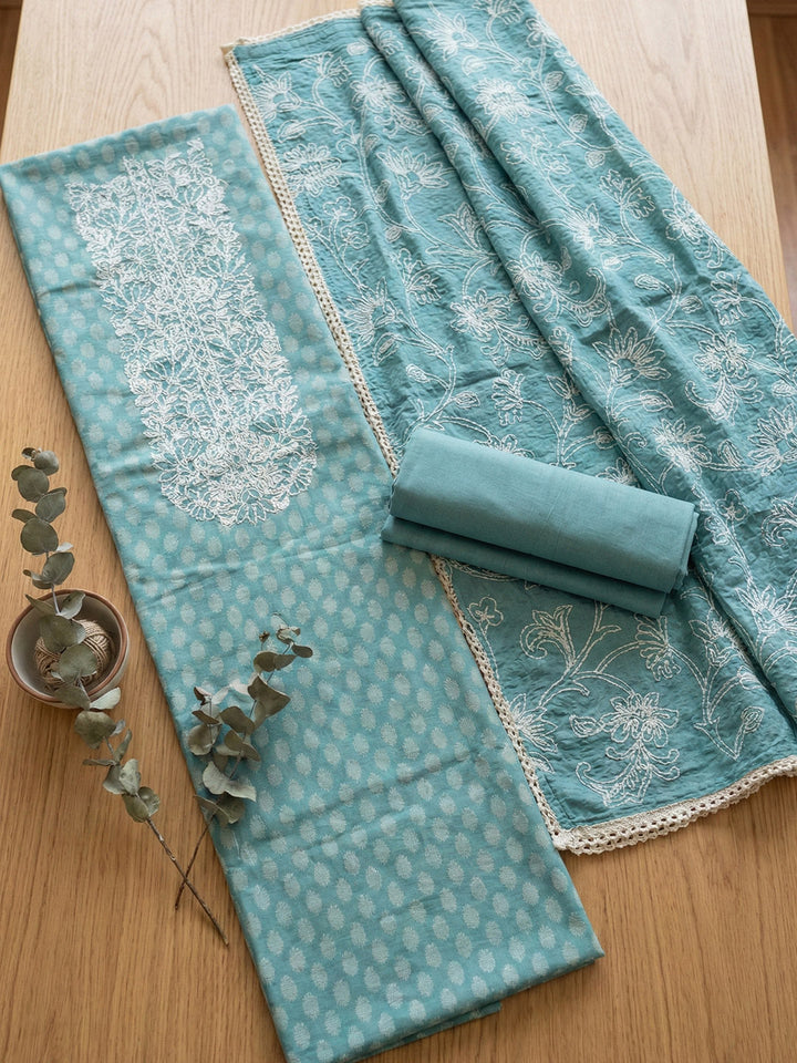 Printed Cotton Blend Unstitched Suit With Pant &amp; Dupatta