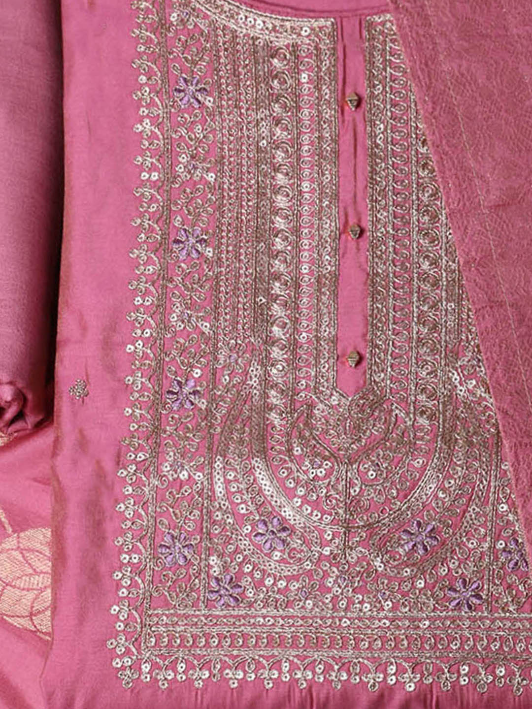 Embroidered Chanderi Unstitched Suit With Pant &amp; Dupatta