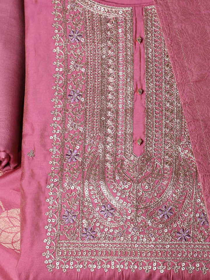 Embroidered Chanderi Unstitched Suit With Pant &amp; Dupatta