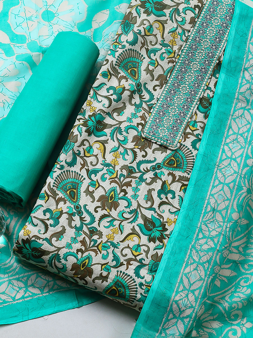 Printed Cotton Blend Unstitched Suit With Pant &amp; Dupatta