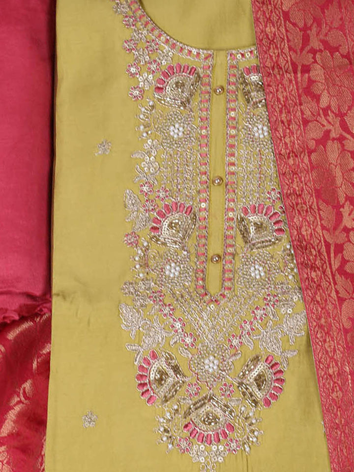 Embroidered Chanderi Unstitched Suit With Pant &amp; Dupatta