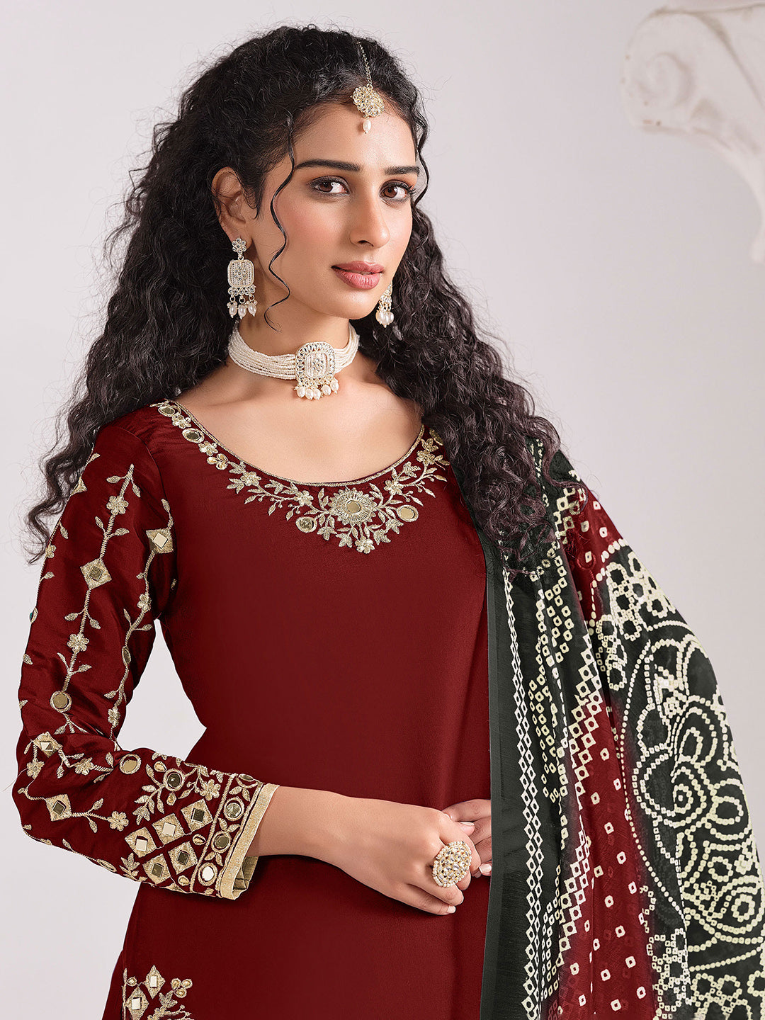 Embroidered Art Silk Semi Stitched Kurta With Patiala Salwar &amp; Dupatta