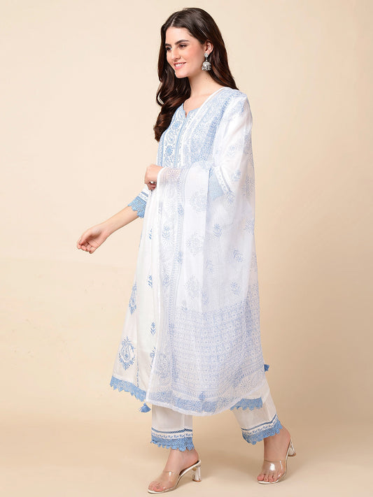 Printed Cotton Anarkali Kurta With Pants & Dupatta