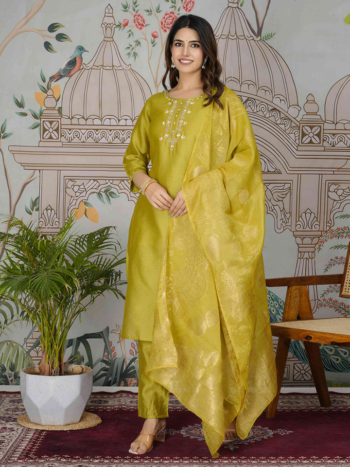 Embroidered Tissue Kurta With Pants &amp; Dupatta
