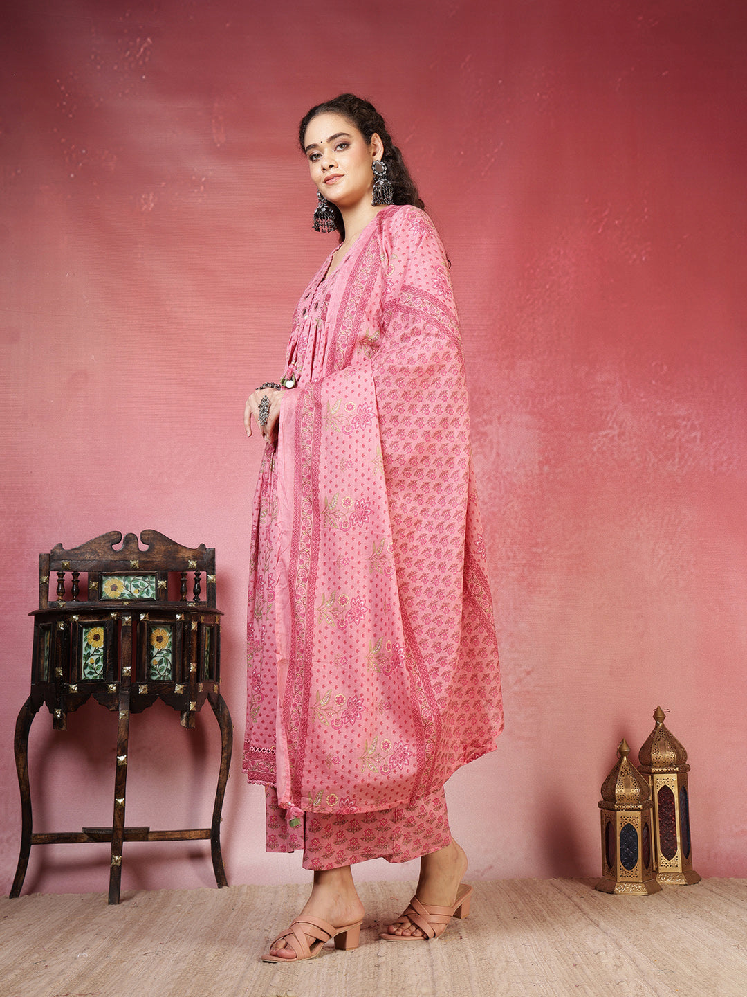 Printed Cotton Blend Kurta With Pants & Dupatta