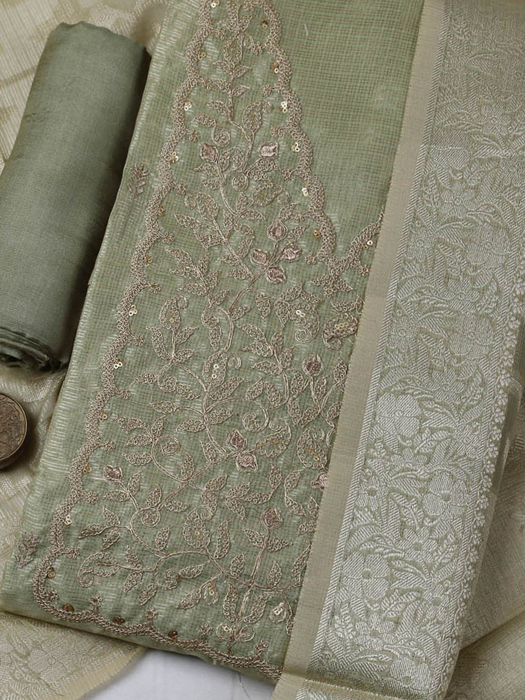 Embroidered Tissue Unstitched Suit With Pant &amp; Dupatta