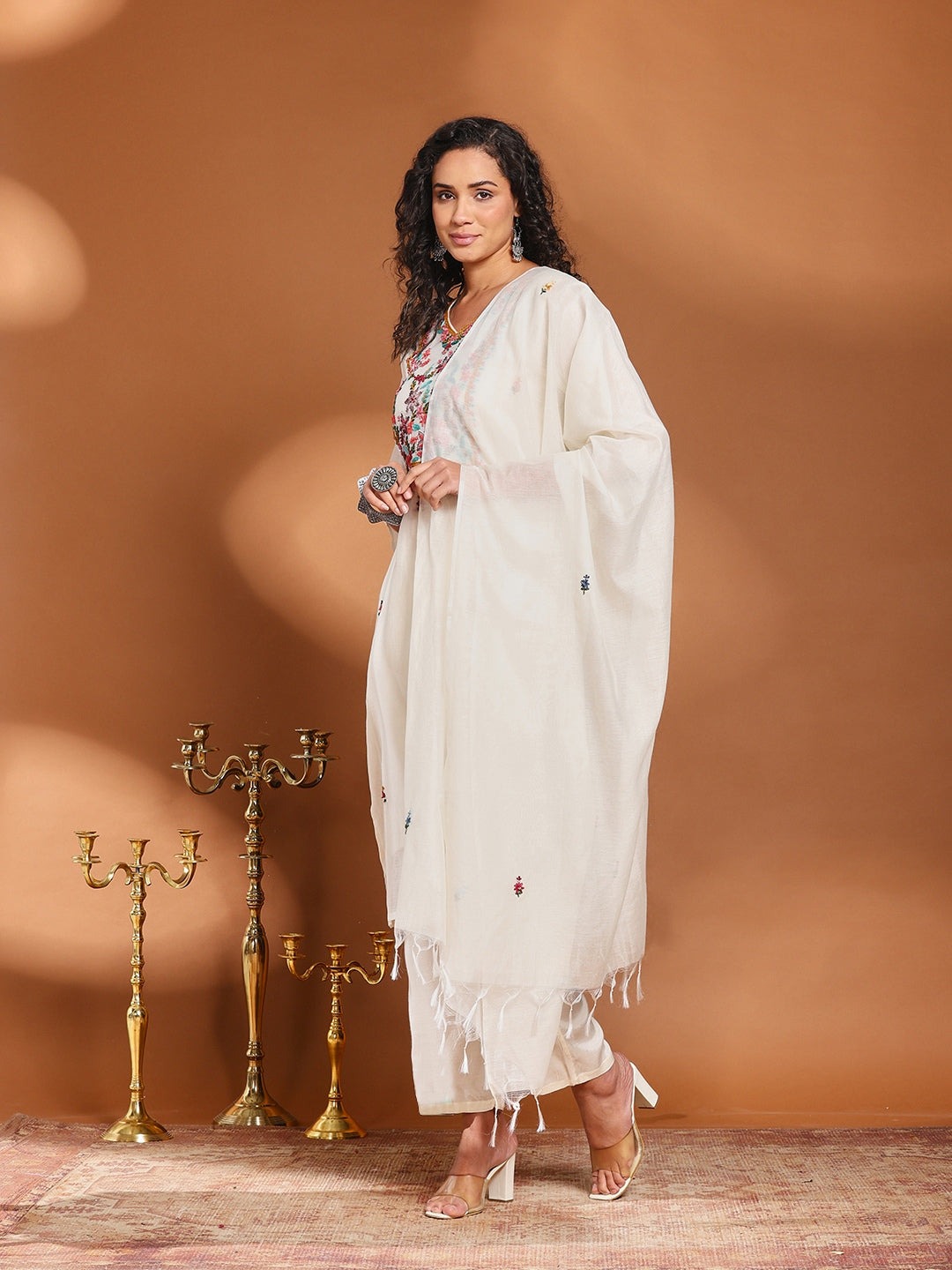 Embroidered Cotton Blend Kurta With Pant &amp; Dupatta