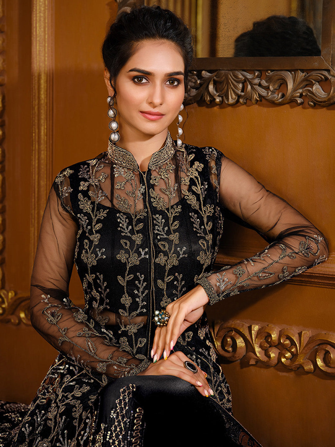 Embroidered Net Semi Stitched Suit With Pant &amp; Dupatta