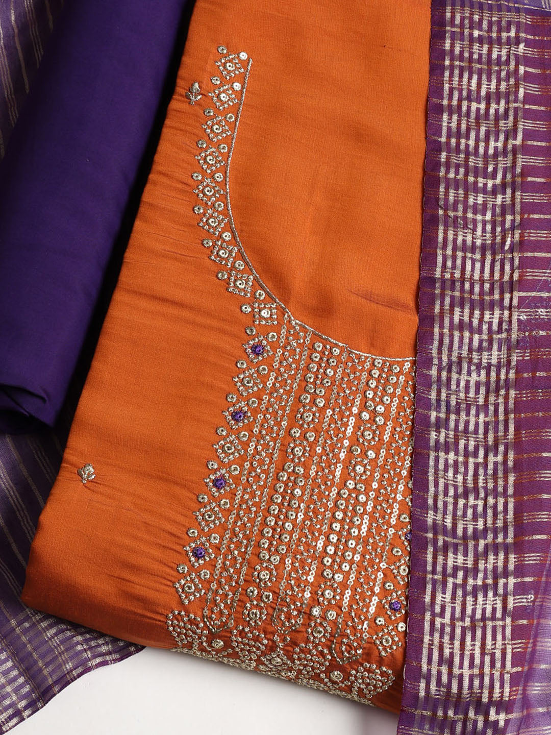 Neck Embroidered Chanderi Unstitched Suit With Dupatta