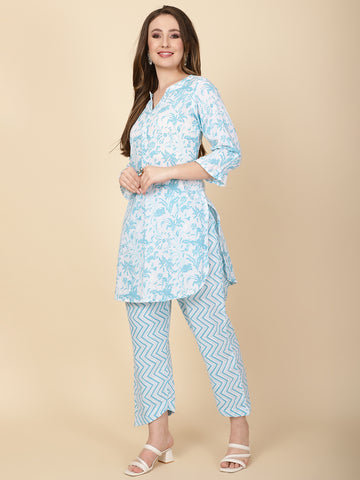 Floral Printed Cotton Kurti With Pants