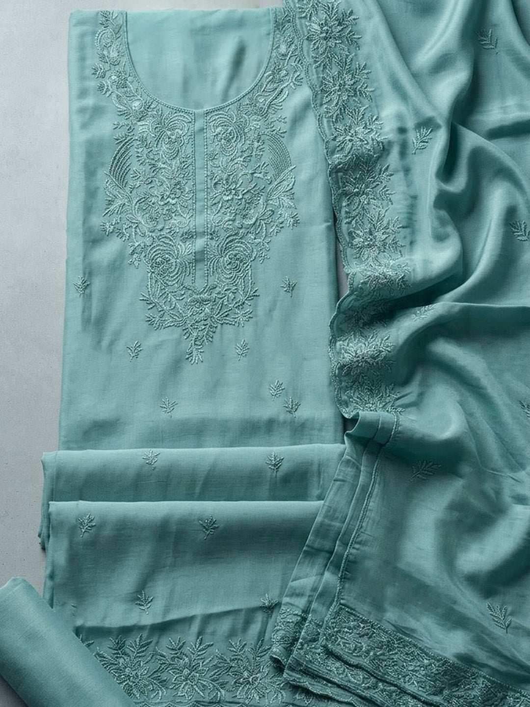 Embroidered Chanderi Unstitched Suit With Pant &amp; Dupatta