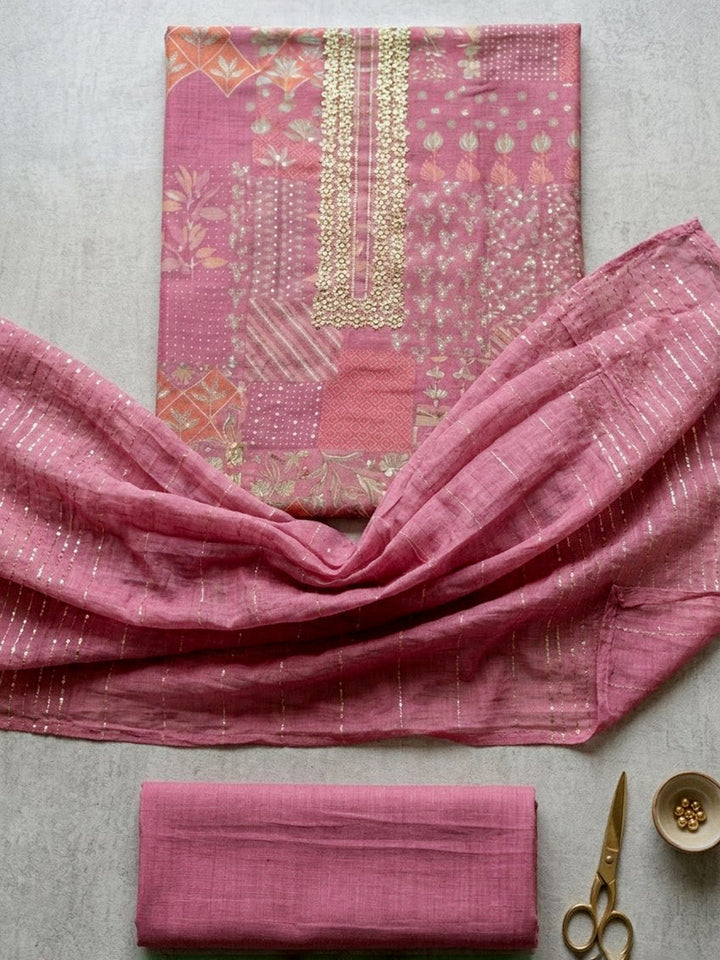 Embroidered Cotton Blend Unstitched Suit With Pant &amp; Dupatta