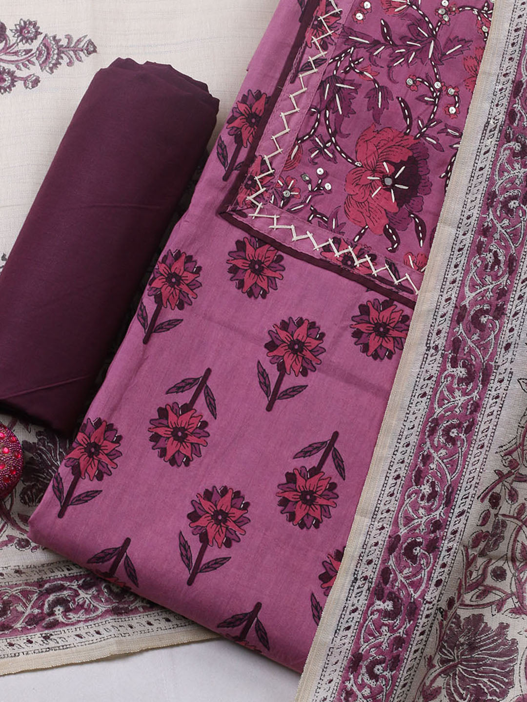 Printed Cotton Blend Unstitched Suit With Pant &amp; Dupatta