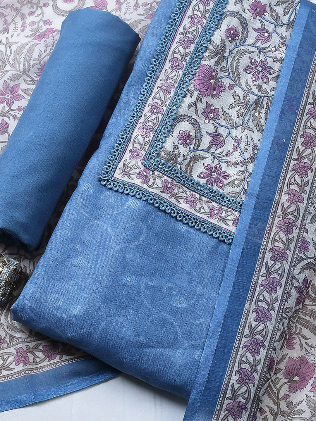 Embroidered Cotton Blend Unstitched Suit With Pant &amp; Dupatta